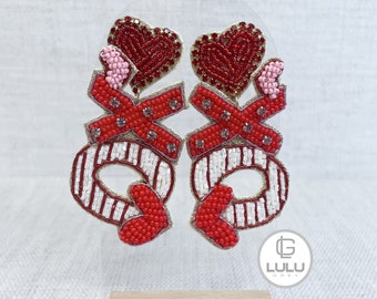 Valentine Earrings, XOXO Beaded Earrings, XOXO and Heart Earrings, Valentine Beaded Earrings, Valentines Day, Red, Statement Earrings