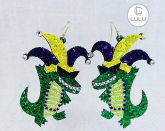 Mardi Gras Earrings, Mardi Gras Dancing Crocodile Earrings Earrrings, Mardi Gras Glitter Earrings, New Orleans, Green, Yellow, Purple