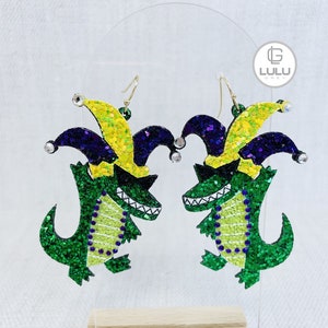 Mardi Gras Earrings, Mardi Gras Dancing Crocodile Earrings Earrrings, Mardi Gras Glitter Earrings, New Orleans, Green, Yellow, Purple