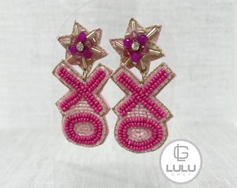 Valentine Earrings, XOXO Beaded Earrings, XOXO, Valentine Beaded Earrings, Valentines Day, Fuchsia and lt. pink