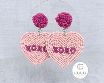 Valentine Earrings, Heart Beaded Earrings, XOXO, Valentine Beaded Earrings, Valentines Day, Pink and Fuchsia