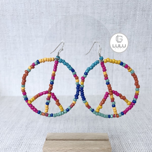 Peace Sign Earrings, Rainbow Peace Sign Earrings, 70's Earring, Beaded peace signs, Peace sign, Hippie Earrings, Costume