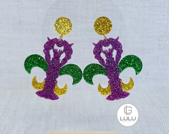 Mardi Gras Earrings,  Mardi Gras Glitter Lobster Earrings, New Orleans, Green, Yellow, Purple
