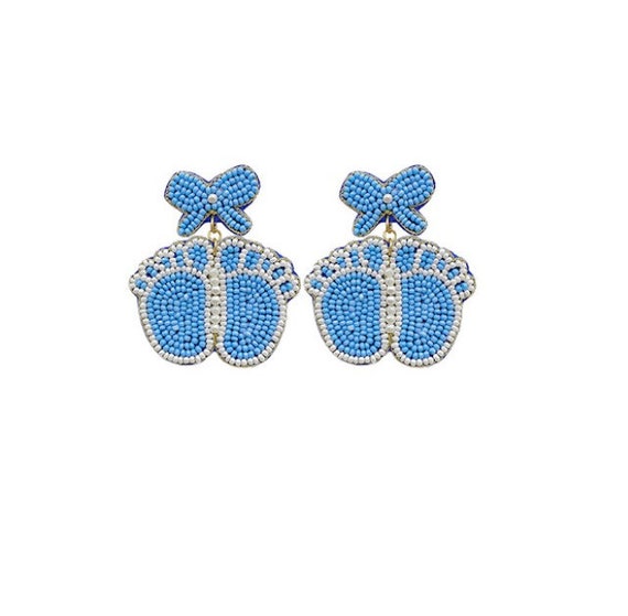 Seed Beaded Plaid Heart 'Boy Mom' Drop Earrings - Approximately 2.5