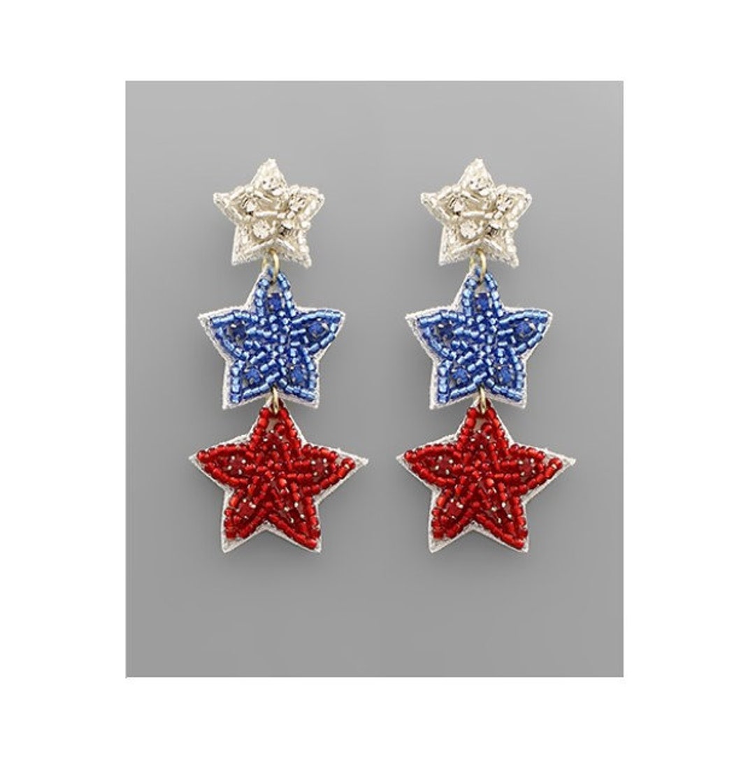 Patriotic Star Earrings, Red White and Blue Beaded Star Earrings