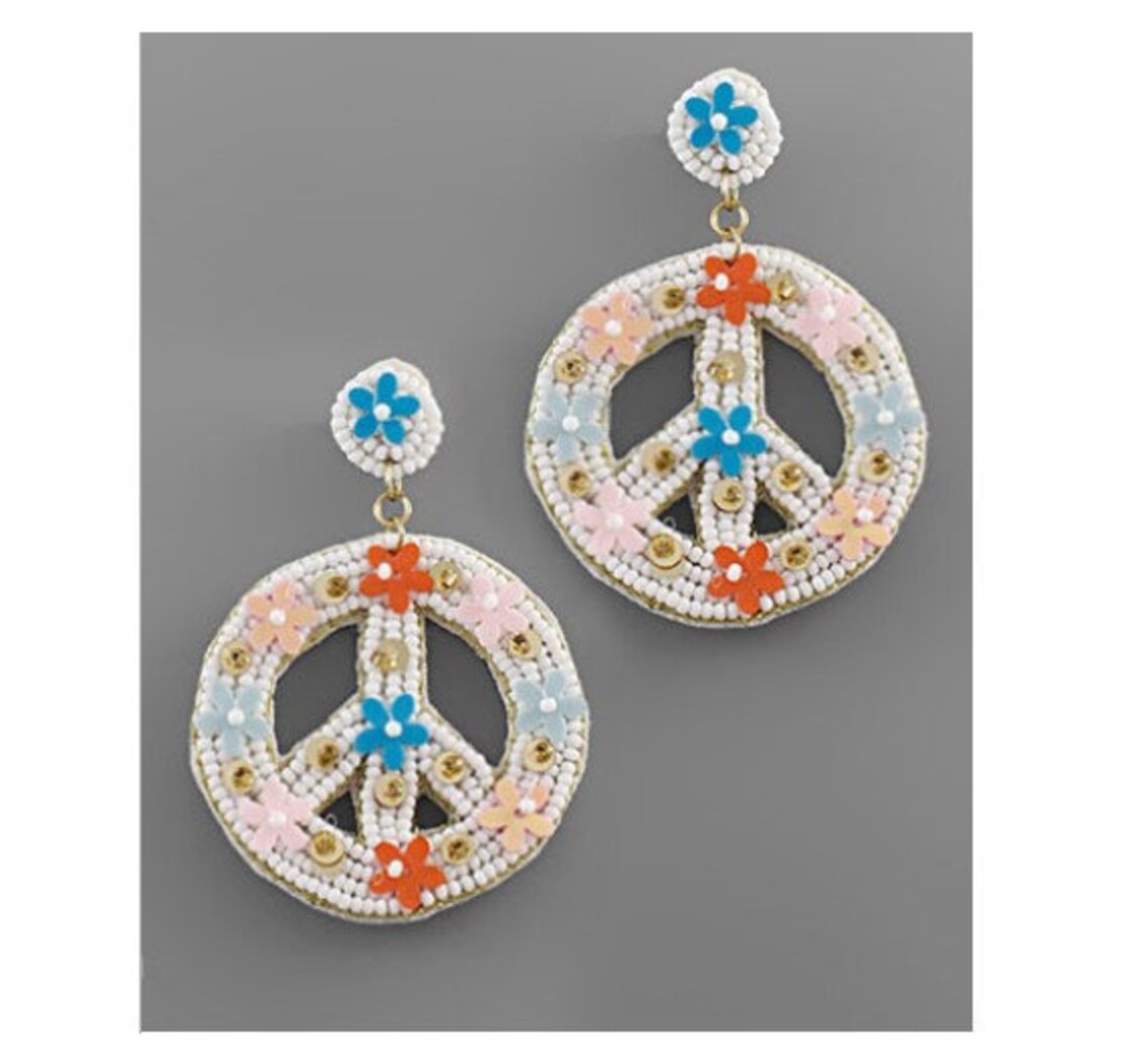 Peace Sign Jewelry Set – Multicolor Pendant Necklace & Dangling Earrings, Acrylic Hippie Style For Women