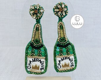 Green Champagne Bottle Earrings, Wine Bottle Earrings, New Year Earrings, Christmas Earrings, Bachelorette Party, shower, Bridesmaids gift