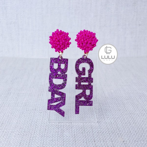 B-DAY Girl Fuchsia Color Earrings, Birthday Girl Earrings, Word Earrings, Birthday Earrings, Party, Sweet Sixteen, 21st Birthday, Bday, Pink