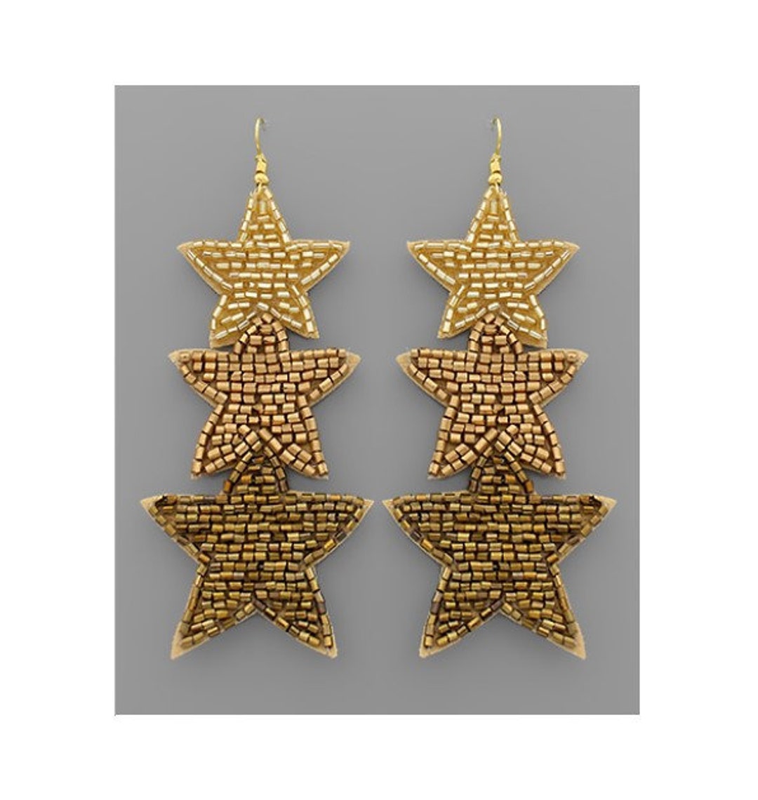 Beaded Triple Star Earrings, White, Multi Gold Beaded Star Earrings