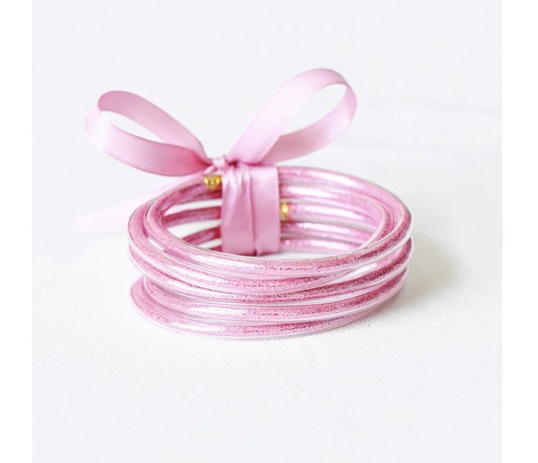 Pink Glitter Tube Bangles, 5 Stack, Lt. Pink Jelly Tube Bracelet