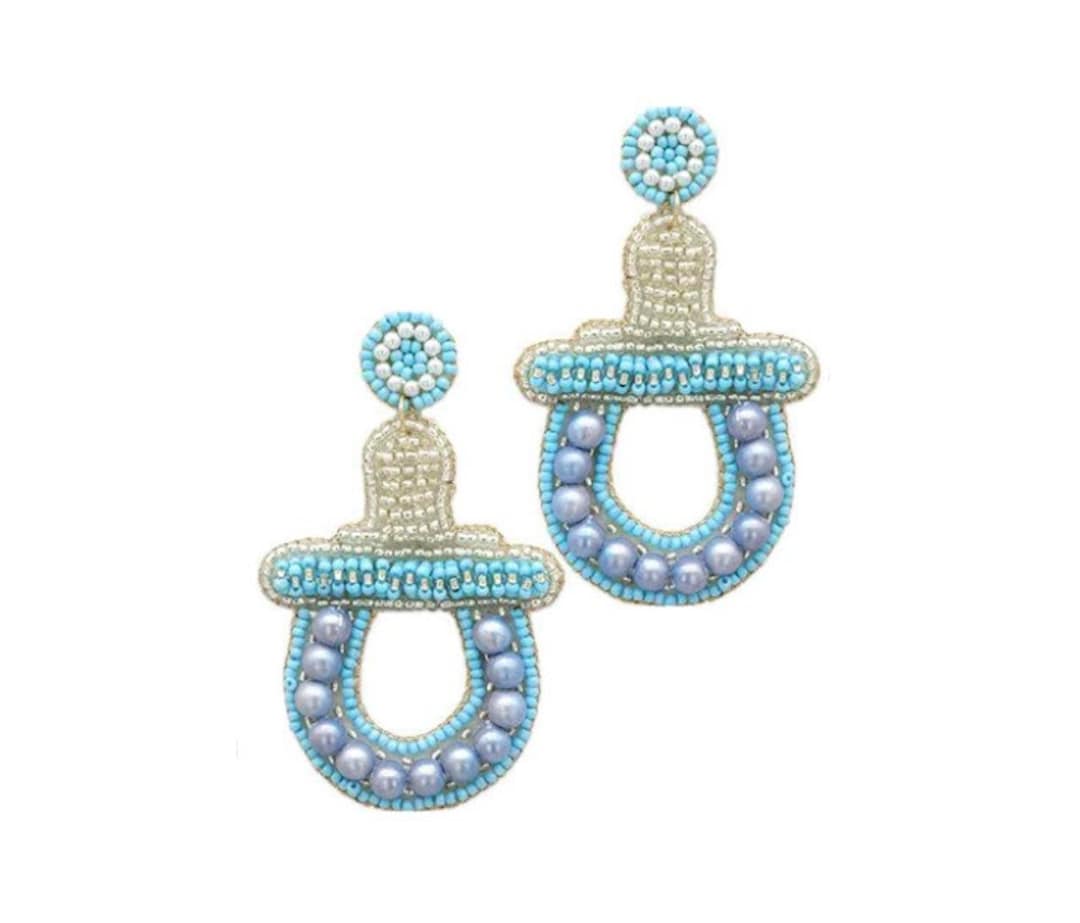 Baby Boy Earrings, Blue Pacifier, Baby Shower Earring, Gender Reveal