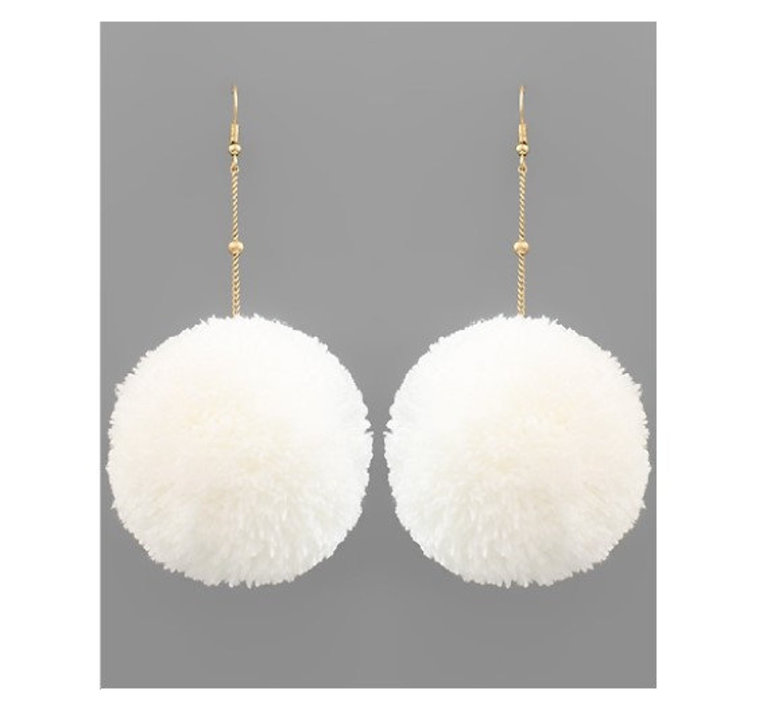 Pom Pom Earrings, Large Pom Pom Earrings, White Pom Poms, Dangle