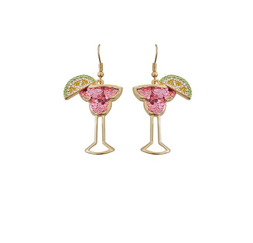 Pink Margarita Glass Earrings, Margarita Earrings, Lime, Pink Glitter