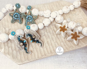 Starfish Beaded Earrings, Seahorse earrings, white and gold starfish, Cruise earrings, Vacation earrings, Tropical earrings, Beach Earrings