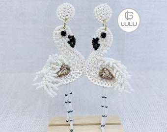 White Flamingo Earrings, Beaded Flamingo Earrings, Bird Earrings, White, Beaded Earrings, Vacation Earrings, Tropical, Vacay, Bird