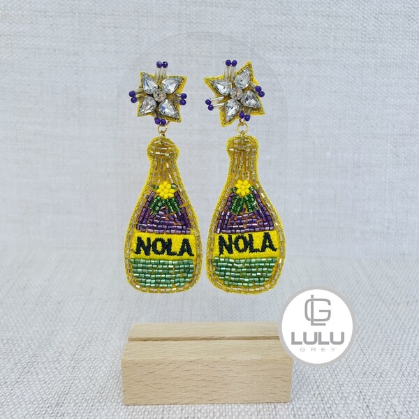 Mardi Gras Earrings,  Nola Bottle Earrings, Champagne Bottles, New Orleans, Green, Yellow, Purple