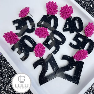 Birthday Number Earrings,  21st Birthday, Acrylic Earrings, Birthday, Party, Happy Birthday, 21, 30, 40, pompom, Fuchsia Pink and Black