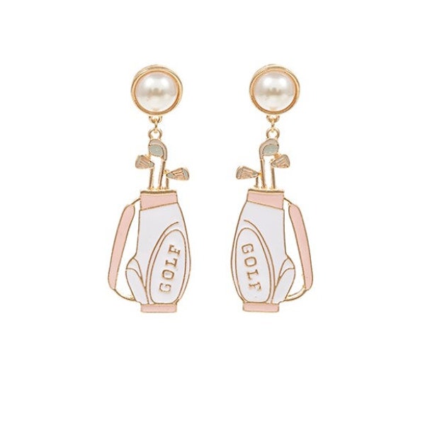 Boucles d'oreilles de golf blanc et rose, boucles d'oreilles de club de golf blanc et rose, boucles d'oreilles de sac de golf, cadeau, boucles d'oreilles perlées, boucles d'oreilles de sport