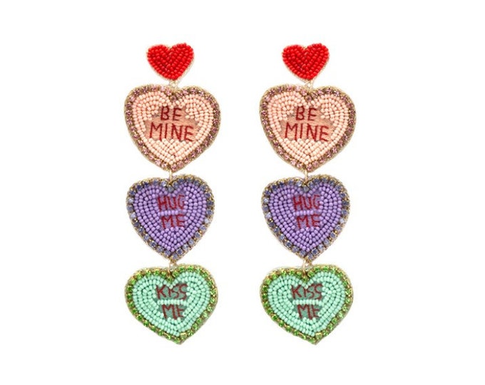 Valentine Earrings, Conversation Heart Beaded Earrings, Heart Earrings