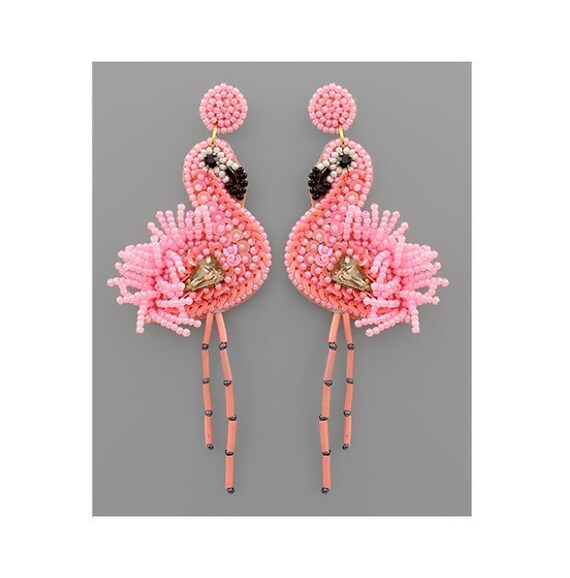 Pink Flamingo Earrings Beaded Flamingo Earrings Bird Earrings