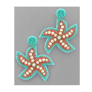 Starfish Beaded Earrings, Turquoise and Coral, Seed beaded earrings, Cruise earrings, Vacation earrings, Tropical earrings, Beach Earrings