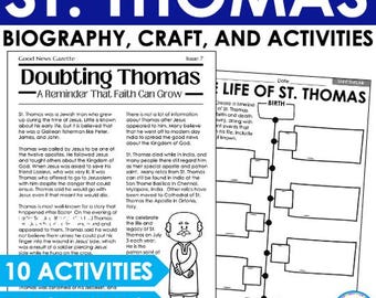 Hoja de trabajo para actividades de lectura, crucigramas y búsqueda de palabras sobre los santos católicos de Santo Tomás.