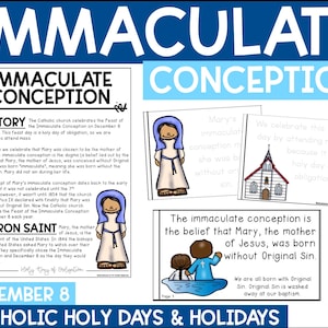 Puede incluir: Póster educativo sobre la Inmaculada Concepción, con texto e ilustraciones. El póster explica la historia, el significado y la importancia de la Inmaculada Concepción, con imágenes de María y una iglesia.