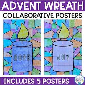 Puede incluir: Cinco carteles imprimibles con velas de estilo vitral con las palabras "Hope", "Joy", "Peace", "Love" y "Faith" en cada uno. Los carteles están diseñados para colorear de forma colaborativa.