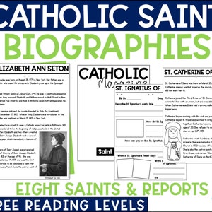 Puede incluir: Hojas de trabajo imprimibles en blanco y negro para biografías de santos católicos. Las hojas de trabajo presentan imágenes de Santa Isabel Ana Seton, San Ignacio de Loyola y Santa Catalina de Siena. Las hojas de trabajo incluyen indicaciones para que los estudiantes escriban sobre la vida de los santos y cómo pueden ser como ellos.
