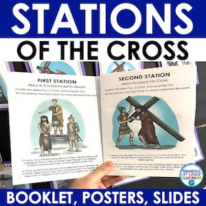 Könnte beinhalten: Ein Heft mit dem Titel "Kreuzweg" mit Illustrationen, die biblische Szenen darstellen. Der Text enthält "Erste Station" und "Zweite Station" mit zugehörigen Gebeten. Das Heft wird von einer Hand gehalten, mit den Worten "BOOKLET, POSTERS, SLIDES" unten.