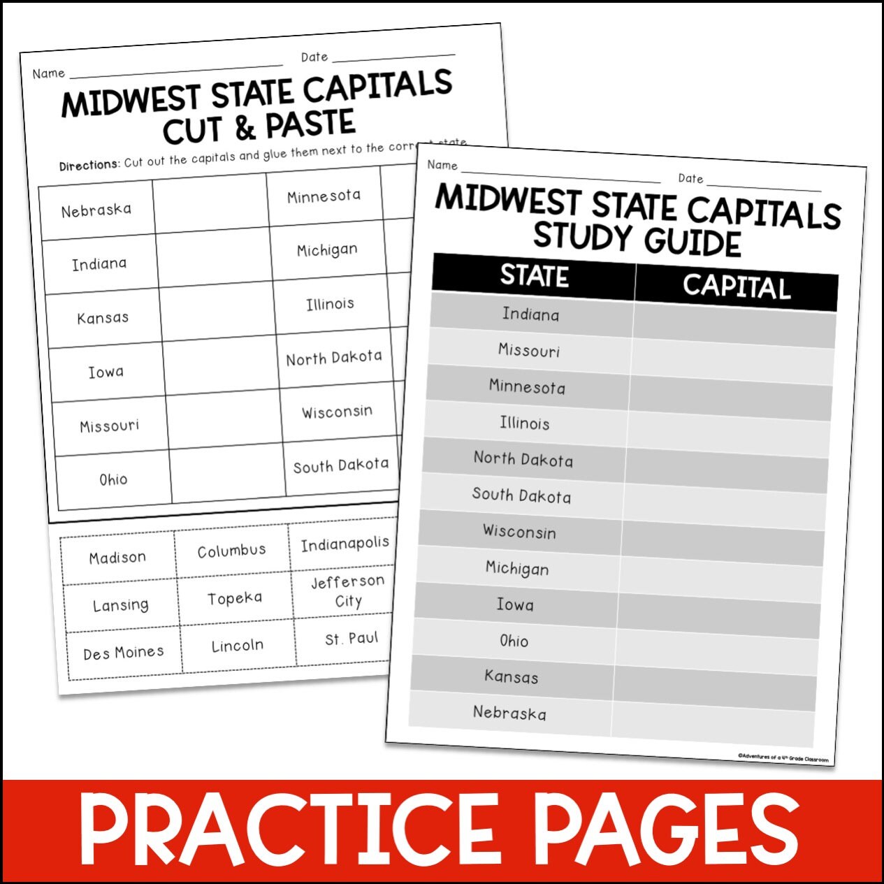 Midwest Region | State Capitals - Etsy for Free Printable Midwest States And Capitals Worksheet