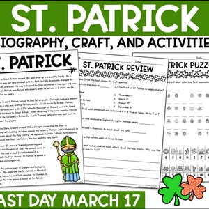 Op de afbeelding: Zwart-witte printbare werkbladen voor een les over St. Patrick. De werkbladen bevatten een biografie van St. Patrick, een herhaling met waar-onwaar-vragen en een puzzel om de kleur te vinden die met St. Patrick wordt geassocieerd. De werkbladen hebben een groene klaverbladrand.