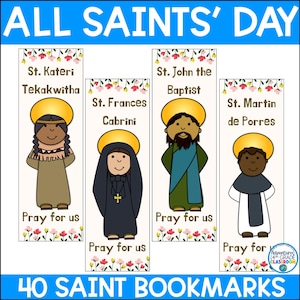 May include: Set of four colourful bookmarks featuring illustrations of saints with the text "Pray for us" at the bottom of each bookmark. The saints depicted are St. Kateri Tekakwitha, St. Frances Cabrini, St. John the Baptist, and St. Martin de Porres.