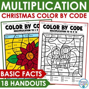 Op de afbeelding: Twee educatieve werkbladen getiteld Multiplication Christmas Color by Code. Eén blad toont een gedeeltelijk ingekleurde bloem met vermenigvuldigsommen, het andere is een zwart-wit lijntekening van een kerststal met wiskundige opgaven.