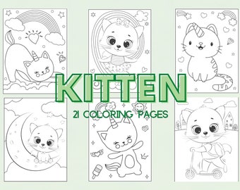 21 Coloring Book Pages for Girls, Boys, Kids, Adults Kitten Kitty Birthday Party Activity, Preschool Kindergarten Homeschool Printable PDF