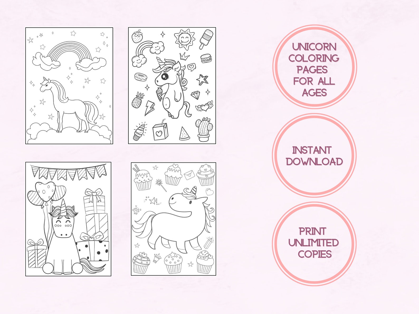 40 Coloring Book Pages for Girls, Boys, Kids, Adults Unicorn Birthday ...