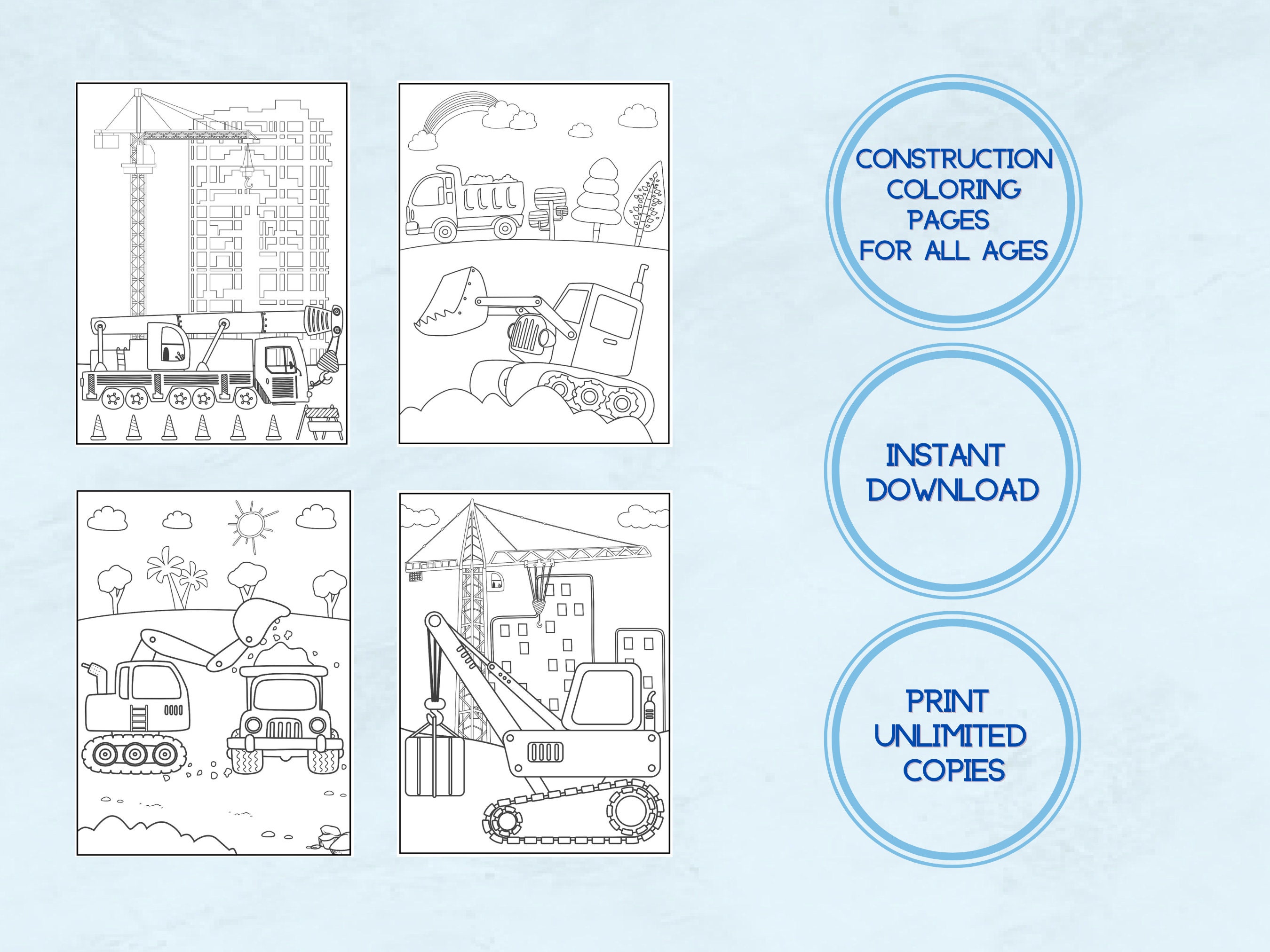 40 Coloring Book Pages for Boys, Girls, Kids, Adults Construction