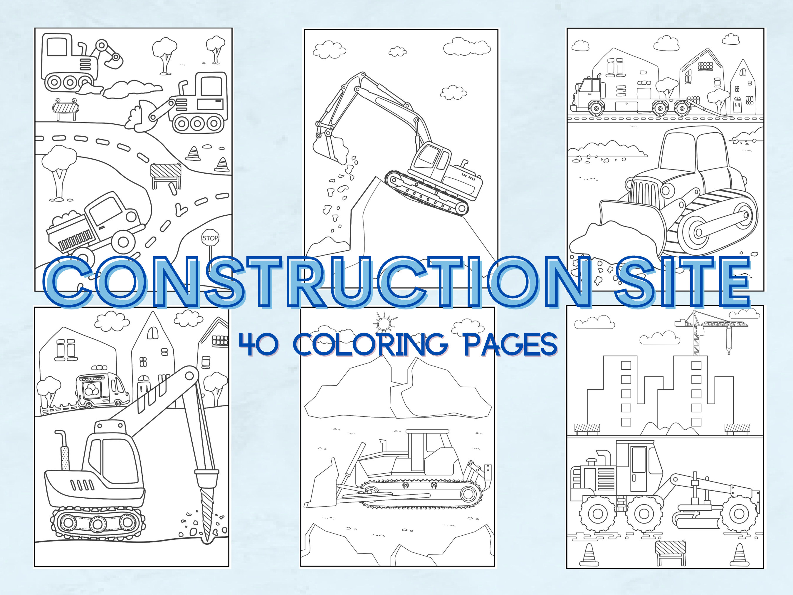 40 Coloring Book Pages for Boys, Girls, Kids, Adults Construction