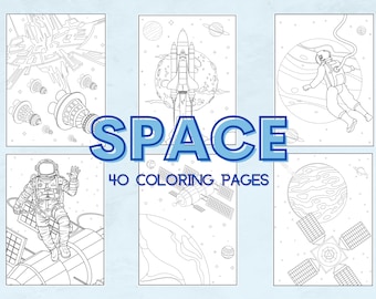 May include: A collection of six black and white space-themed coloring pages. The word "SPACE" is in large blue letters. The text "40 COLORING PAGES" is below the word "SPACE". The images include a rocket, astronaut, and planets.
