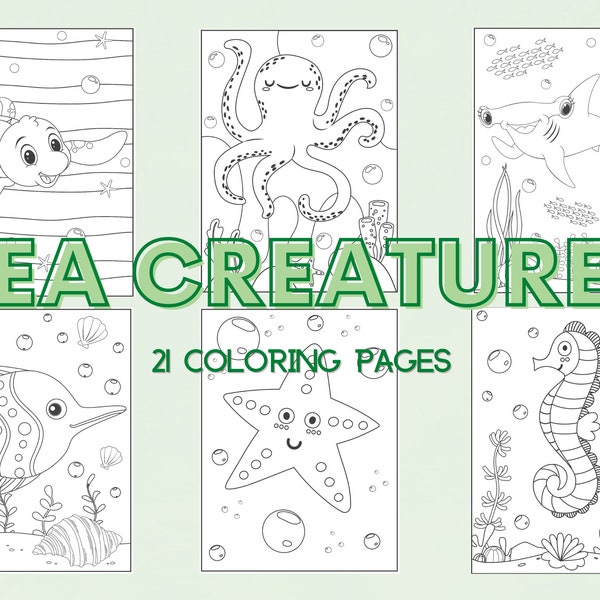 21 Coloring Book Pages for Boys, Girls, Kids, Adults Sea Creatures Birthday Party Activity, Preschool Kindergarten Homeschool Printable PDF