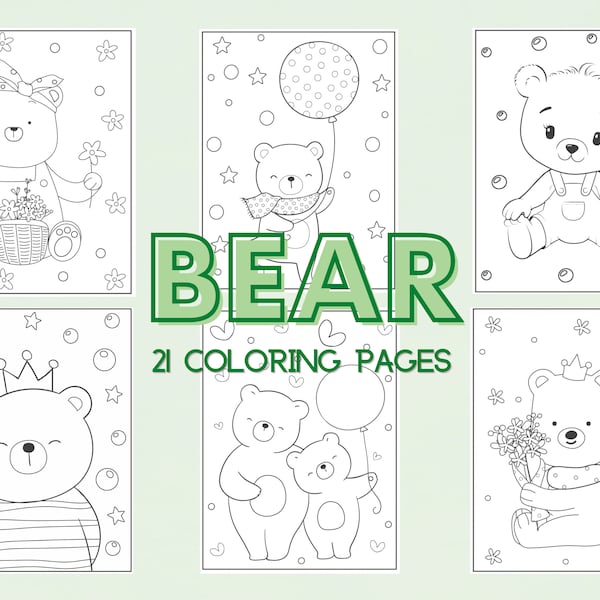 21 Coloring Book Pages for Girls, Boys, Kids, Adults Teddy Bear Cub Birthday Party Activity, Preschool Kindergarten Homeschool Printable PDF