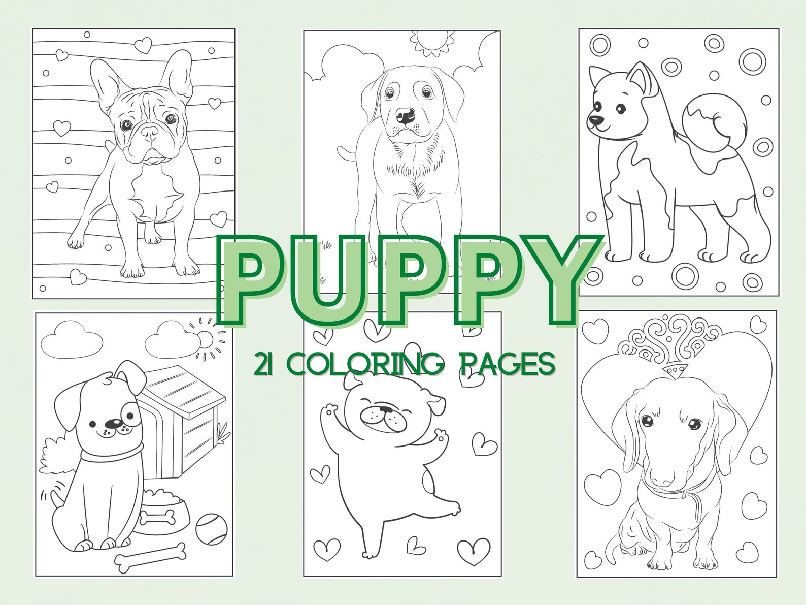 21 Coloring Book Pages for Girls, Boys, Kids, Adults Puppy Doggie ...