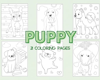 21 Coloring Book Pages for Girls, Boys, Kids, Adults Puppy Doggie Birthday Party Activity, Preschool Kindergarten Homeschool Printable PDF