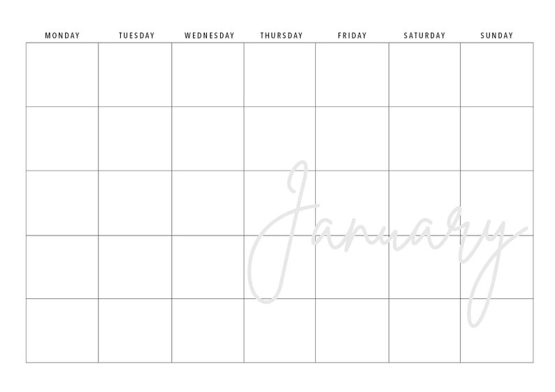 Monthly Printable Blank Calendar A4 Size, Minimalistic, Modern, Cursive ...