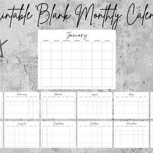 Blank Monthly Calendar, Instant Download, Minimal, Modern, Calendar, Monday Start