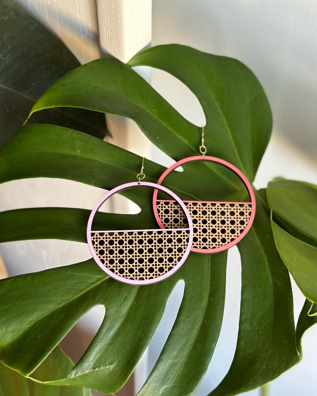 Laser Cut Hand Painted Cane bing Inspired Earrings Statement, Boho