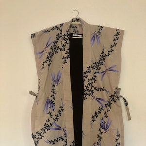 Upcycled Handmade One-Of-A-Kind Yukata Haori / Beige with dragonfly pattern (ribbon tie)