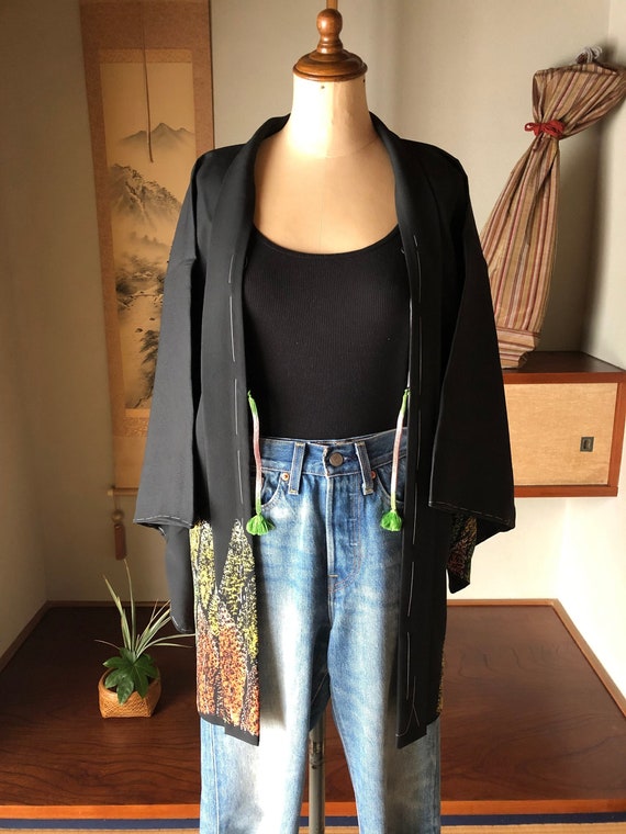 Vintage Kimono Haori / Black With Orange, Green An