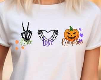 Halloween Pumpkin Shirt, Love Peace Pumpkin T-Shirt, Fall Gift Shirt For Women, Cute Spooky Halloween Shirt, Halloween Party Shirt, Skeleton