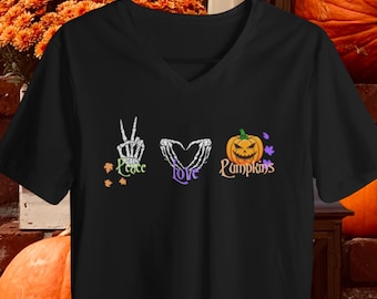 Peace love Pumpkins T-Shirt, Halloween Gift Shirt, Spooky Halloween Top for Women, Cute Fall Shirt, Vintage Pumpkin Shirt, Skeleton V-Neck.